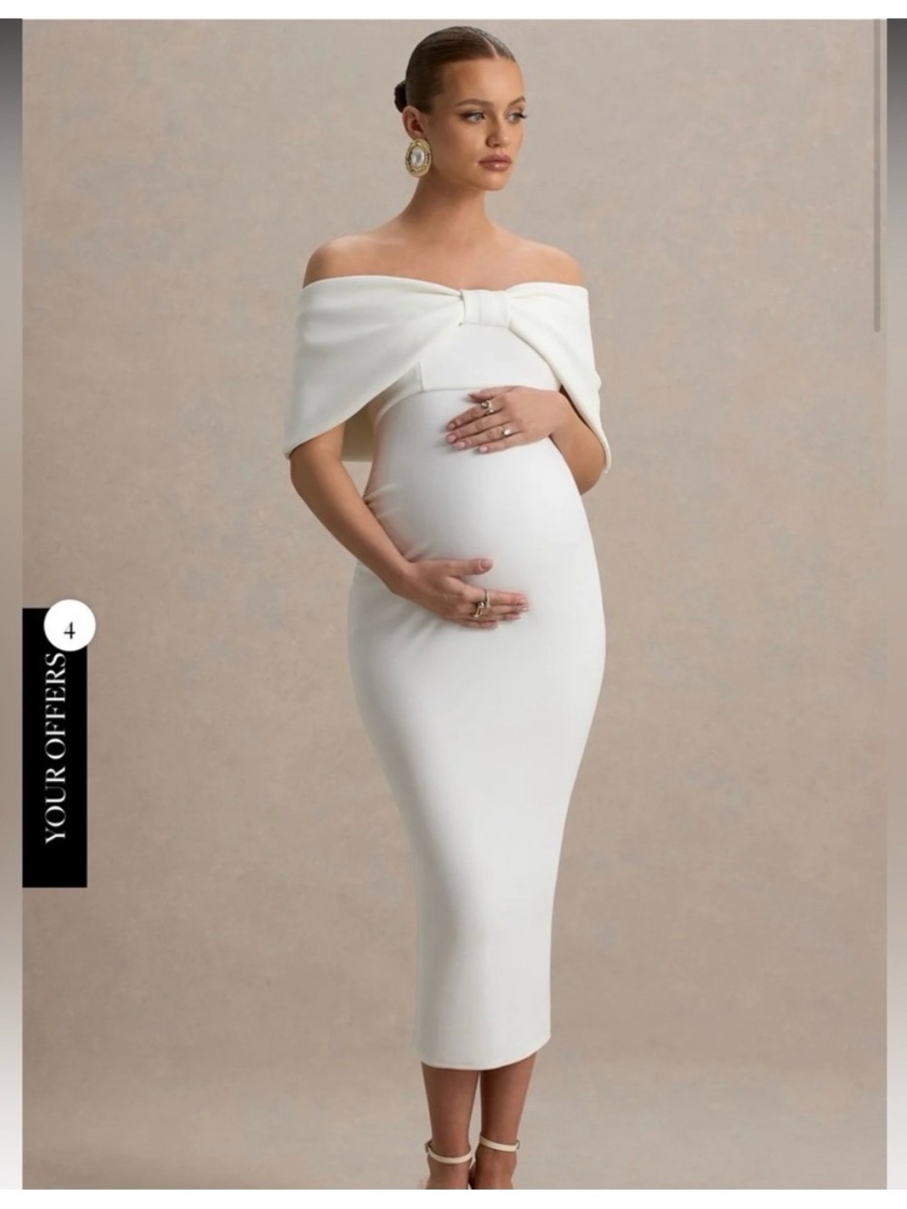 Club L London Off-Shoulder White Maternity Midi Dress with Bow Detail